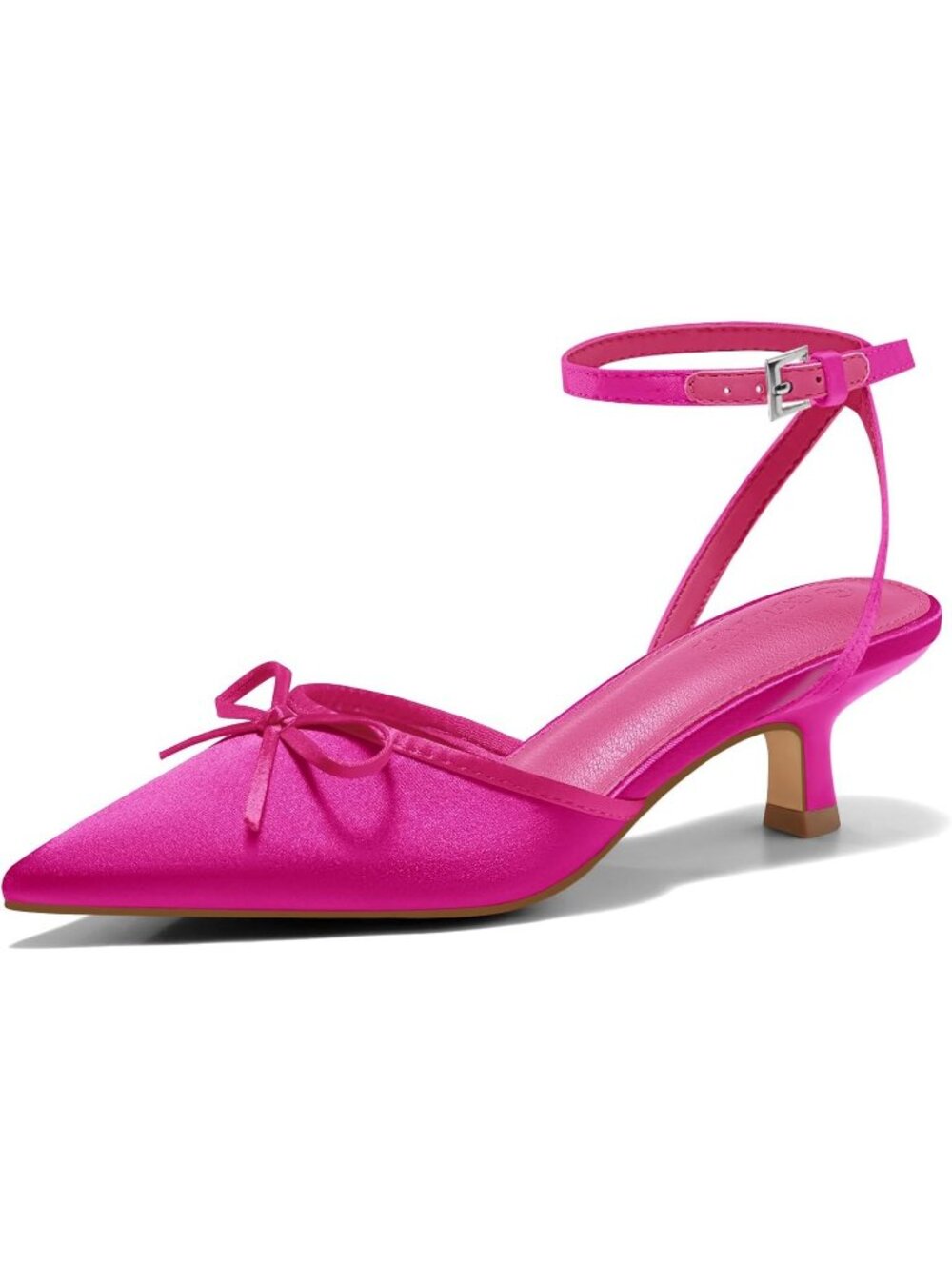 Women's Hot Pink Pump Pointed Toe Imported Comfortable Satin Kitten Low Heel